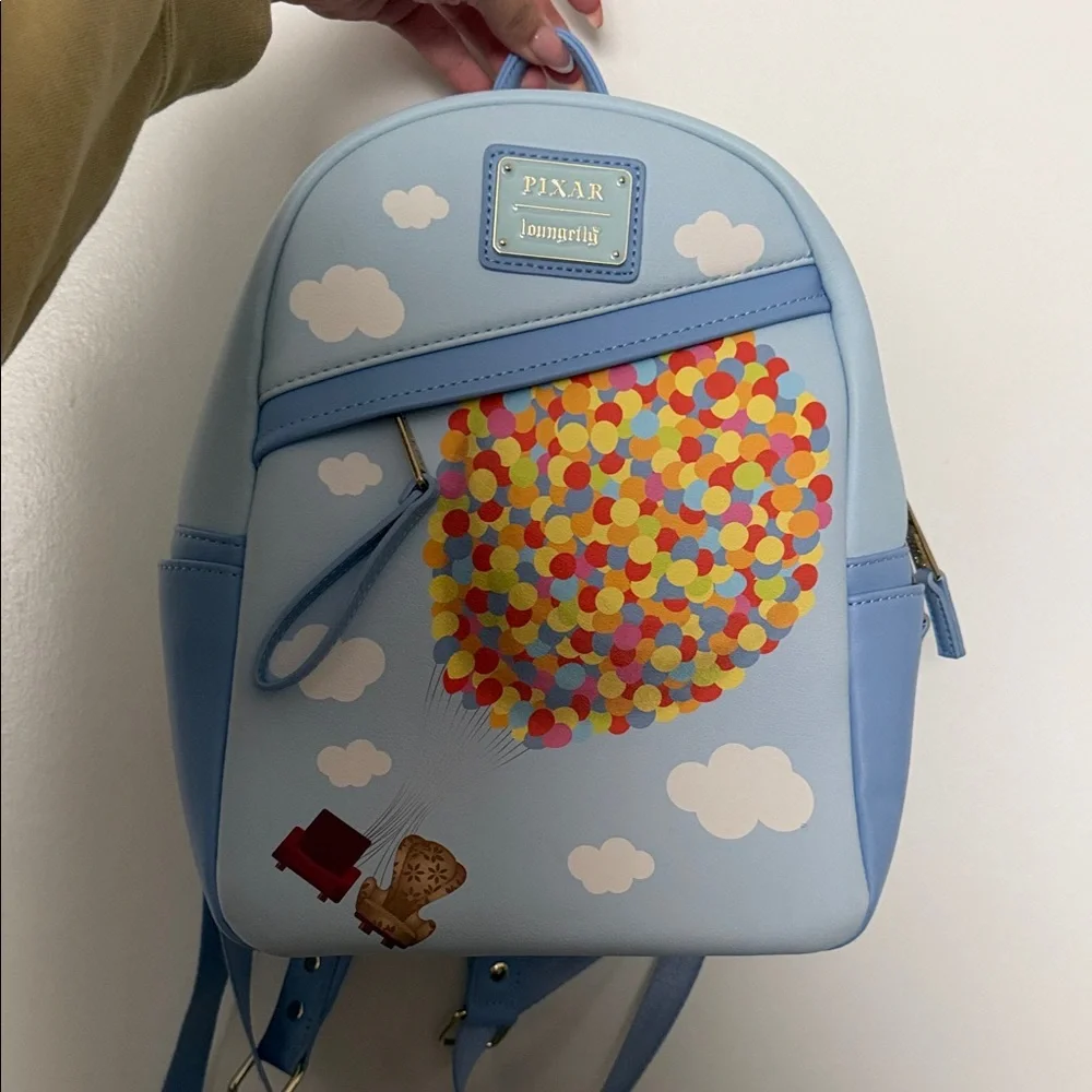 Loungefly Pixar Up Light Blue Backpack with Colorful Balloon Cluster